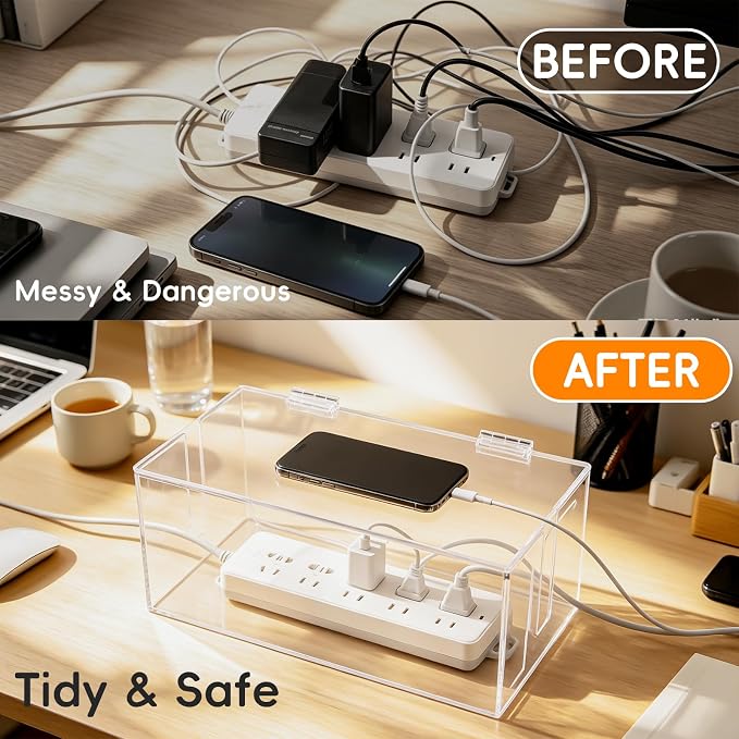 Cable Organizer Storage Box with Lid - Phone Charger Clear Organizer Case for Desk, Wire Organizers for Cords & Power Strips, Electronic Storage Box for Drawer Office Home - Transparent Acrylic