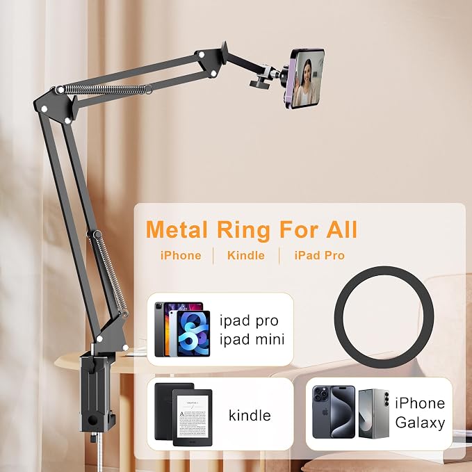 Gooseneck Bed Phone Holder for Magsafe iPhone Stand, Desk Magnetic Phone Arm Mount with Clamp, Adjustable Bedside Laying Down Tablet Mount Compatible with Kindle iPhone 15 14 13 12