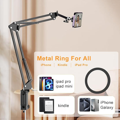 Gooseneck Bed Phone Holder for Magsafe iPhone Stand, Desk Magnetic Phone Arm Mount with Clamp, Adjustable Bedside Laying Down Tablet Mount Compatible with Kindle iPhone 15 14 13 12