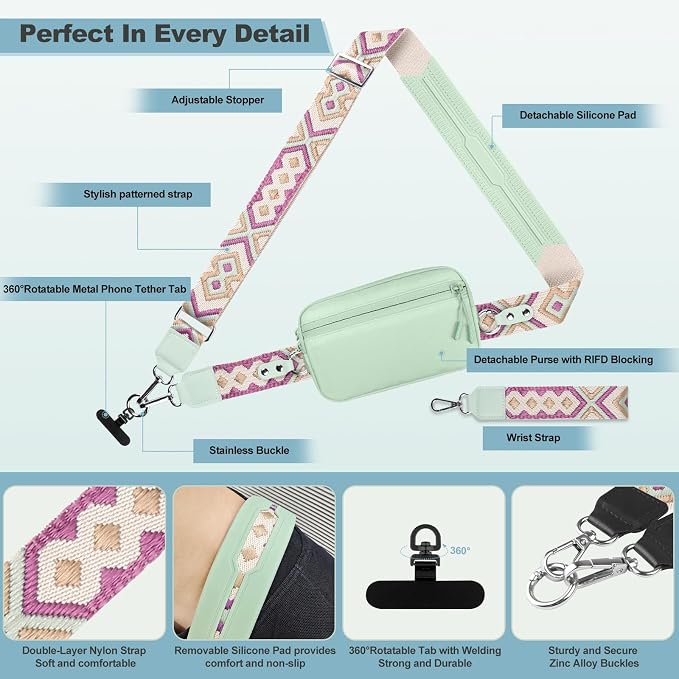 YFWE Clip and Go Strap for Phone with Wallet Crossbody, Adjustable Phone Lanyard with Detachable RFID Wristlet Wallet, Pattern Strap - Green (L)