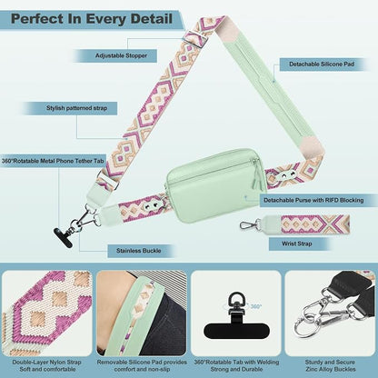 YFWE Clip and Go Strap for Phone with Wallet Crossbody, Adjustable Phone Lanyard with Detachable RFID Wristlet Wallet, Pattern Strap - Green (L)