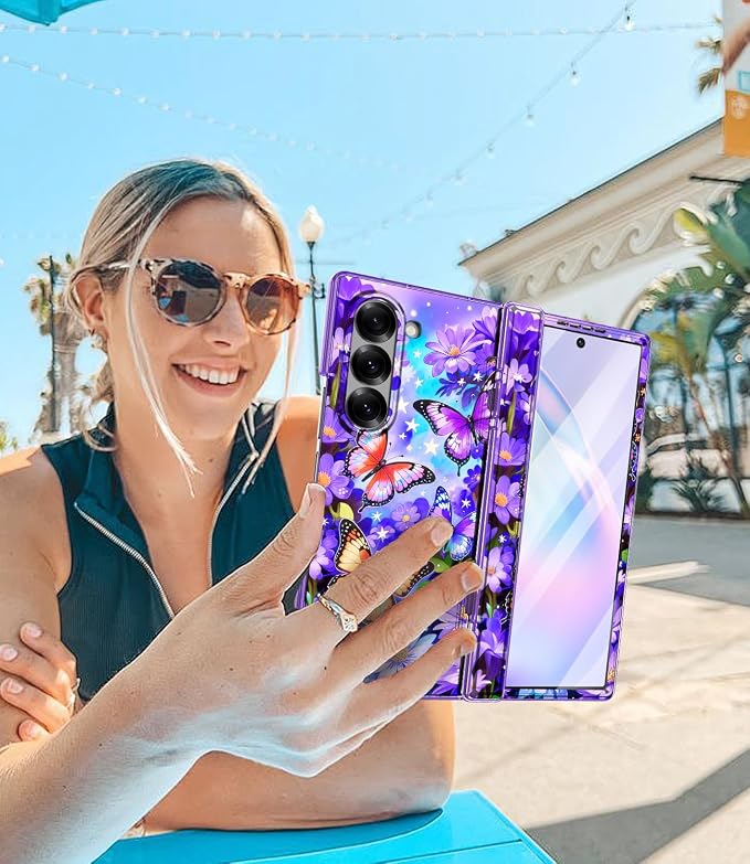 Btscase for Samsung Galaxy Z Fold 6 Case,Built in Front Screen Protector,Gold Glitter Marble Pattern Hard PC Slim Shockproof Full Body Drop Protective Case for Galaxy Z Fold 6 5G, Bright Purple