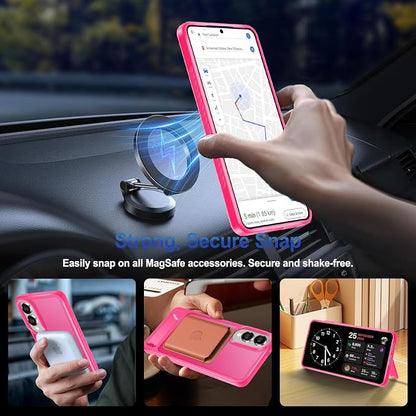 RMOCR for Samsung Galaxy S25 Edge Case with Screen Protector+Lanyard Wrist Strap,Magnetic Translucent Matte Rugged Slim Phone Cover Built in Invisible Kickstand [Fit for MagSafe],2025 Hot Pink