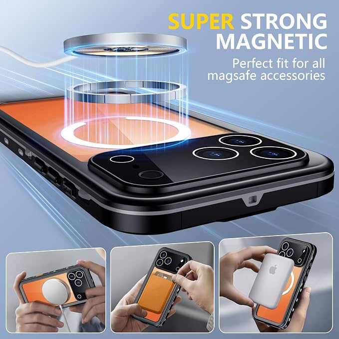 Red2Fire for iPhone 17 Pro Max Case Waterproof, [Built-in Screen Protector & Camera Protector][Compatible with MagSafe][Full Body Shockproof][IP68 Waterproof][Dustproof] Phone Case 6.9" Black/Clear