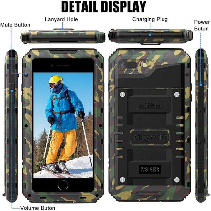 Mitywah Waterproof Case for iPhone SE 2020, Heavy Duty Durable Metal Full Body Protective Case Built-in Screen Protection Waterproof Shockproof Dustproof Rugged Military Grade Defender, Camouflage
