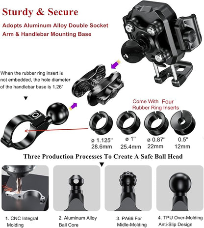 BRCOVAN Anti-Theft Motorcycle Phone Mount with Vibration Dampener, [1s Lock] [Camera Friendly] Handlebar Cellphone Holder for Bike Bicycle Scooter ATV, Adjustable Size Fit 5.4-7.2" Smartphone