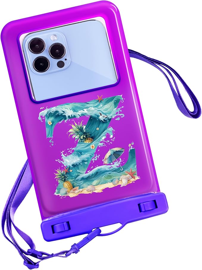 Personalized Initial Waterproof Phone Pouch Case - IPX8 Cellphone Dry Bag with Lanyard for iPhone 16/15/14/13/12 Pro Max (6.1–6.9"), Beach & Cruise Ship Essentials with Monogrammed Design (Purple, Z)