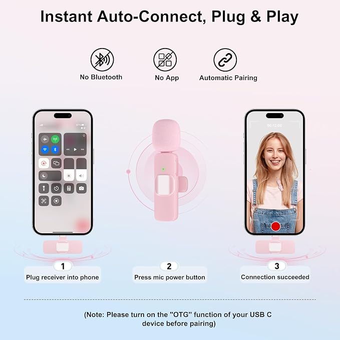 PoP voice Pink Wireless Lavalier Microphone for iPhone/Android - Mini Clip-On Mic with Noise Cancellation, 65ft Range, 12H Battery, Lapel Mic for Record Video, Podcast Vlog Content Creator Interview