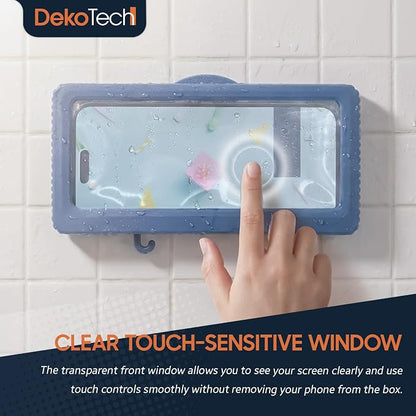 Bathroom Wall Mount Phone Holder, Anti-Fog Waterproof Shower Case with Touch Screen, No-Drill Adhesive Phone Box for Bathroom, Shower & Kitchen, Fits Devices Under 6.7"