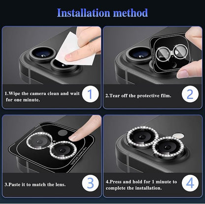 ShinKin Camera Lens Protector for iPhone 16/iPhone 16 Plus, Bling Glitter Camera Cover, 9H Tempered Glass Individual Metal Ring Camera Protector for iPhone 16/iPhone 16 Plus (Diamond - Black)