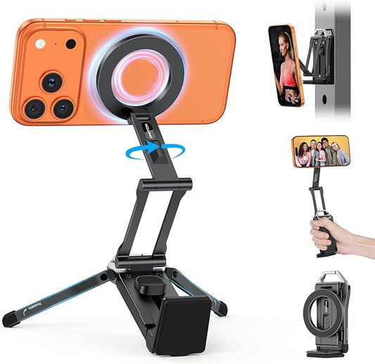 OMOTON TP02 360°Rotating for MagSafe Tripod, Adjustable Aluminum Magnetic Phone Tripod for iPhone 17/16/15/14 Pro Max Air, Foldable Cell Phone Stand Fits Vlog, Gym, Travel Essentials Accessories