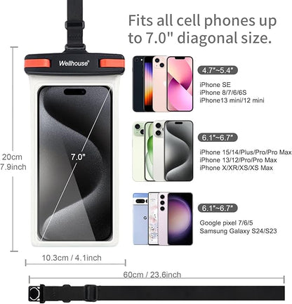 wellhouse Waterproof Phone Pouch, Waterproof Phone Case for iPhone 17 16 15 14 13 Pro Max XS Samsung, IPX8 3D Cellphone Dry Bag Beach Essentials (1 Pack - Black/Red Clasp7.0, 7 inch)