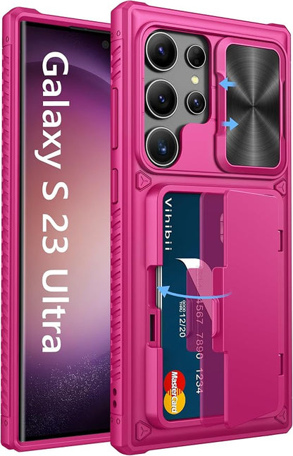 Vihibii for Samsung Galaxy S23 Ultra Case with Card Holder (4 Cards), Slide Camera Cover & Stand, Raised Edges Protect Screen & Military Grade Drop Protection Case for Galaxy S23 Ultra 6.8", Hot Pink