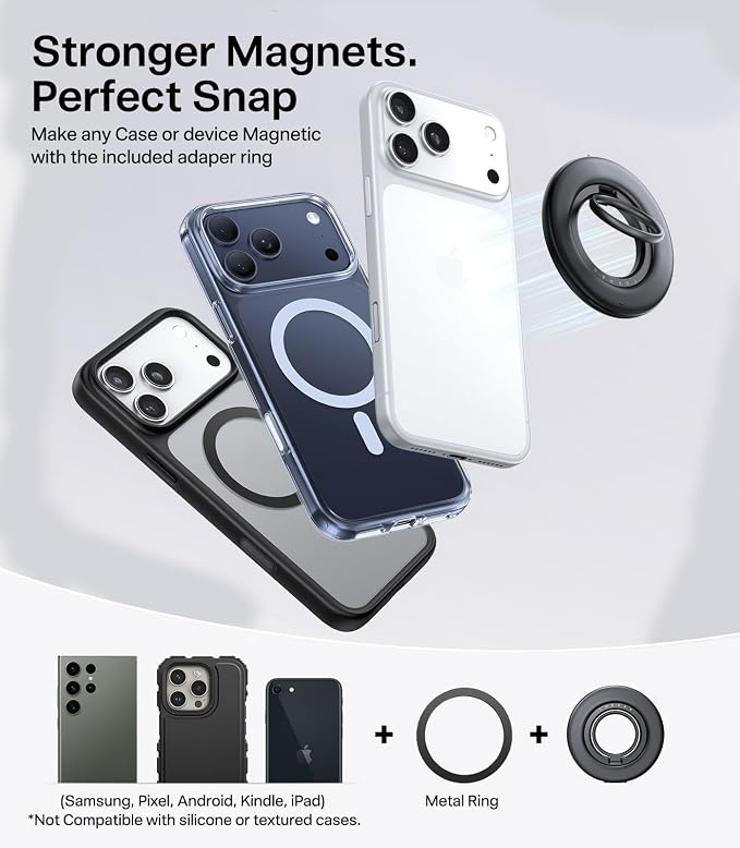 TORRAS 2025 Flagship Magnetic Phone Grip Ring Holder Kickstand [2-Sided Magnetic] [360 Rotation] Fit for MagSafe Accessories for iPhone 17 16 15 14 13 12 11 Samsung, Google, Black