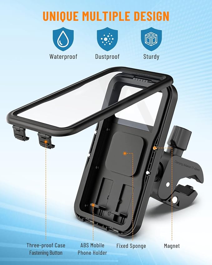 Waterproof Motorcycle Phone Mount, Bike Phone Holder, [No Block Camera] [Quick Install] Secure Bicycle Scooter ATV Handlebar Clamp Clip, Adjustable Fit 4.7-6.9" Cell Phones