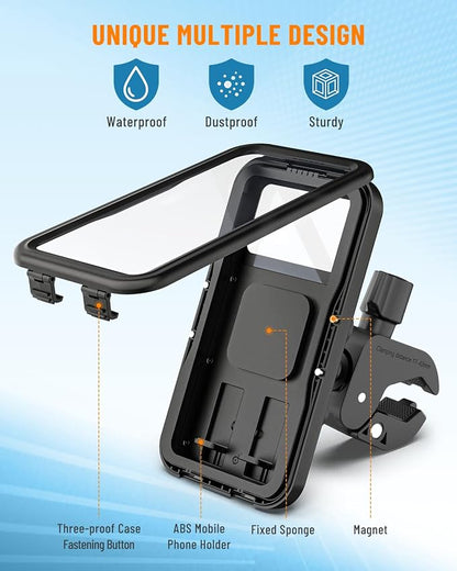 Waterproof Motorcycle Phone Mount, Bike Phone Holder, [No Block Camera] [Quick Install] Secure Bicycle Scooter ATV Handlebar Clamp Clip, Adjustable Fit 4.7-6.9" Cell Phones