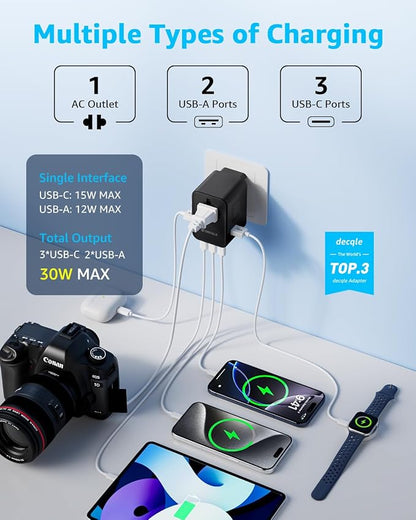 Universal Travel Adapter, International Travel Plug Adapter with 3 USB-C ＆ 2 USB-A Ports(Total 30W), All in One Portable Adaptor, for USA, UK, EU, AU ＆ 224+ Countries (Black)