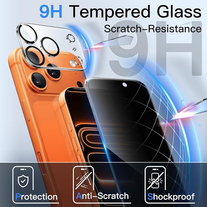 JETech Privacy Screen Protector for iPhone 17 Pro Max 6.9-Inch with Camera Lens Protector, Anti-Spy Tempered Glass Film, Easy Installation Tool, 2-Pack Each