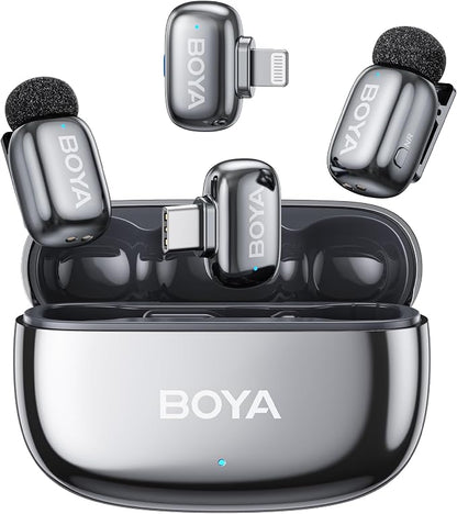 BOYA mini 2 Wireless Microphone for iPhone & Android, AI Noise Cancellation, App Control, Safety Track, 30H Battery Life with Charging Case, Lapel Microphone Wireless for Video Recording Podcast Vlog