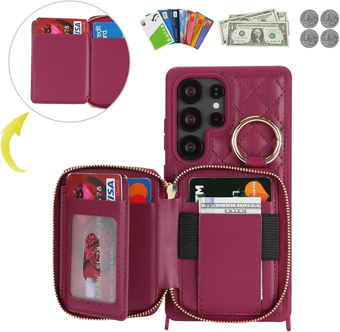 Crossbody Wallet Case for Galaxy S25 Ultra, PU Leather Zipper Handbag Purse Flip Cover, Kickstand Folio Case with Card Slots Holder Wrist Strap Lanyard -Dark red