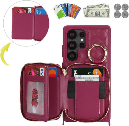 Crossbody Wallet Case for Galaxy S25 Ultra, PU Leather Zipper Handbag Purse Flip Cover, Kickstand Folio Case with Card Slots Holder Wrist Strap Lanyard -Dark red