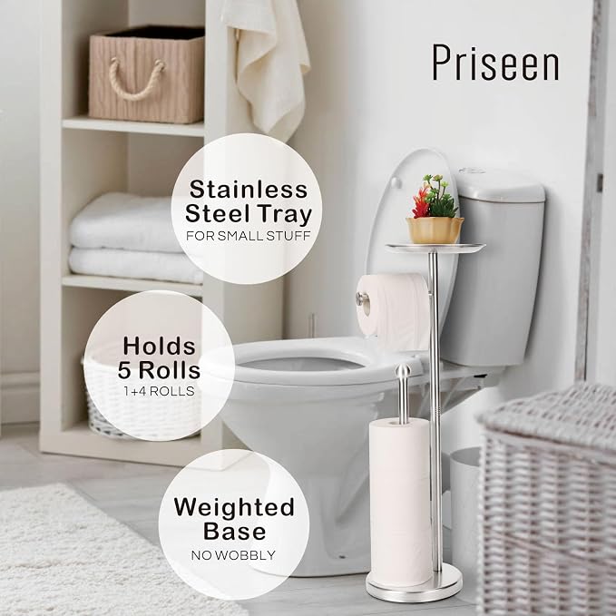 Toilet Paper Holder Stand with Phone Shelf, Freestanding TP Holder, Holds 5 Rolls, Stainless Steel (Brushed Nickel)