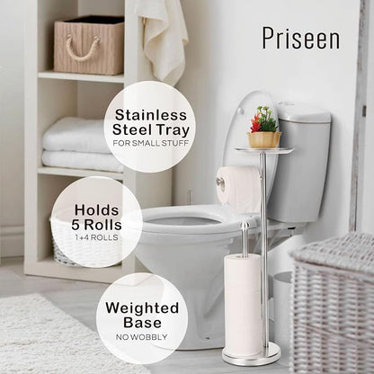 Toilet Paper Holder Stand with Phone Shelf, Freestanding TP Holder, Holds 5 Rolls, Stainless Steel (Brushed Nickel)