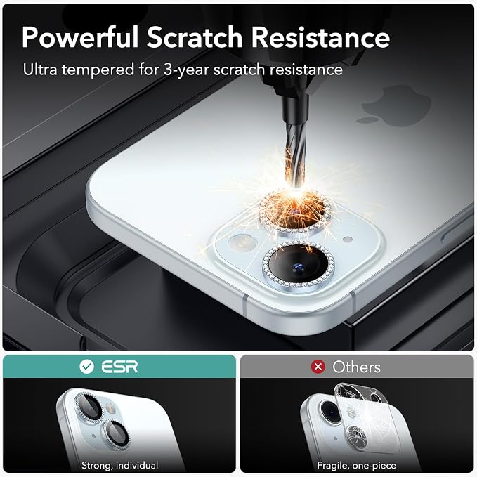 ESR 2 Pack Camera Lens Protector for iPhone 15/15 Plus/14/14 Plus, Ultra-tough HD Individual Lens Protectors, Scratch Resistant, Ultra-thin Tempered Glass, Armorite Series, Rhinestone Blue