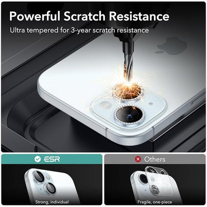 ESR 2 Pack Camera Lens Protector for iPhone 15/15 Plus/14/14 Plus, Ultra-tough HD Individual Lens Protectors, Scratch Resistant, Ultra-thin Tempered Glass, Armorite Series, Rhinestone Blue