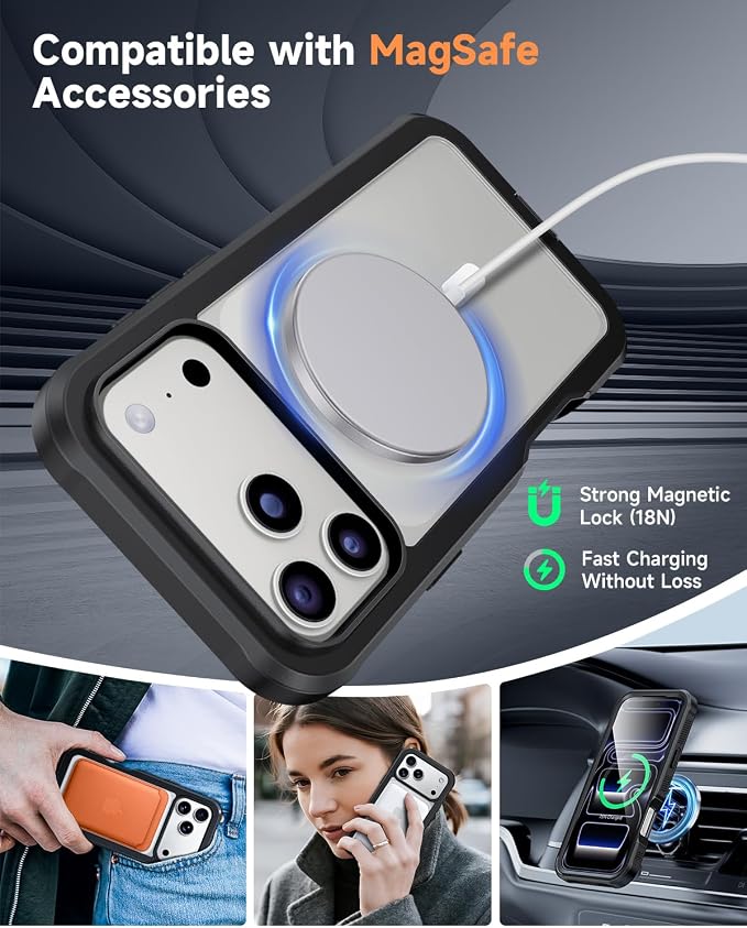 seacosmo for iPhone 17 Pro Max Case, Full Body Bumper with Built-in 9H Tempered Glass Screen and Camera Lens Protector, Compatible with MagSafe, Shockproof 17 Pro Max Phone Case, 6.9", Black