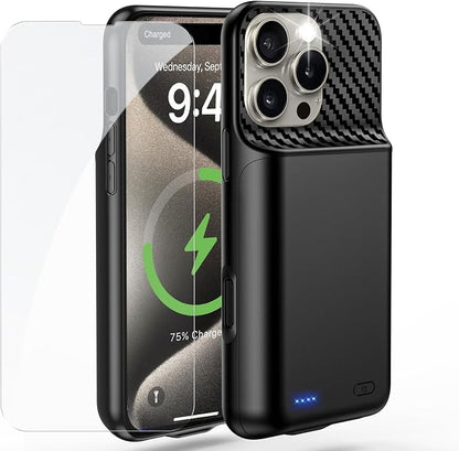 Battery Case for iPhone 15 Pro Max (6.7 inch), 2026 Upgraded High Capacity 13800mAh Battery Pack Rechargeable Charger External Charging Case with Tempered Glass Screen Protector Black