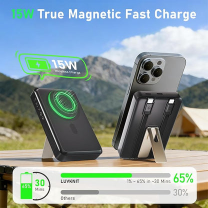 Magnetic Power Bank 10000mAh, 4-in-1 Portable Charger with Built-in USB-C/Lightning Cable Foldable Stand, 15W Fast Charging Wireless Battery Pack for Samsung, Android, iPhone, Travel Essential