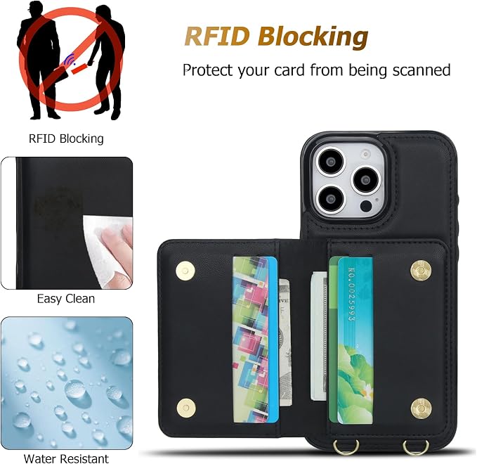 LOHASIC for iPhone 16 Pro Max Case Wallet with Detachable Crossbody Strap & Wrist Lanyard, RFID Blocking, 4 Card Slots 2 Cash Pockets, Vegan Leather Case with Card Holder for Women Girls, Black