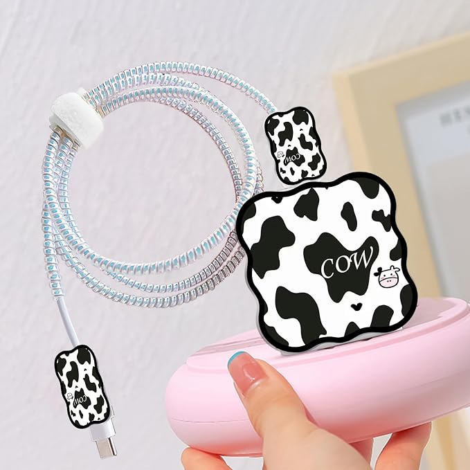 CameCosy DIY Phone Charger Cover Storage Sets Cable USB Earphone Wire Saver Organizer with Travel Storage Bag, Soft Cute Cable Protector Phone Charger Protector Compatible for iPhone(Milk Cow)