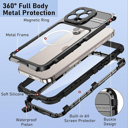 WIFORT for iPhone 16 Pro Max Waterproof Case - Metal Heavy Duty [Built-in Screen Protector] [14FT Military Shockproof] [Fit for MagSafe], IP68 Full Body Rugged Water Proof Magnetic Cover, 6.9" Black