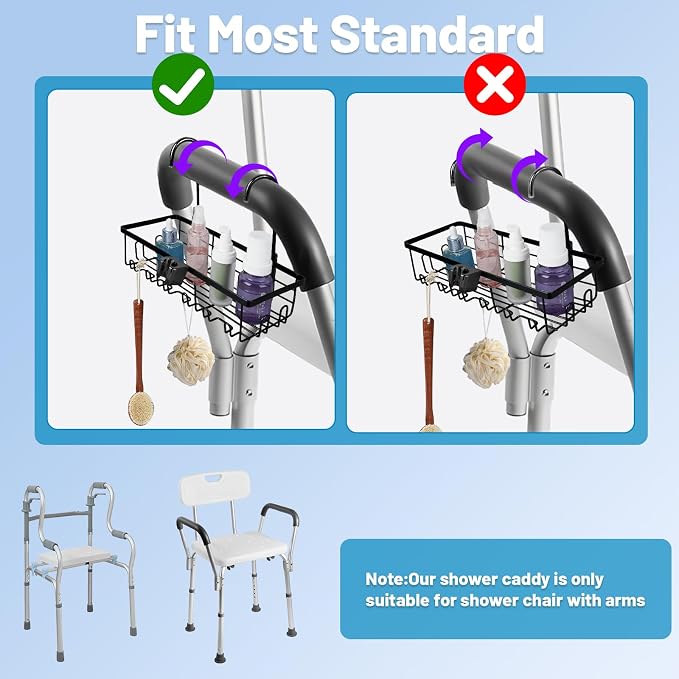 2-In-1hanging shower chair caddy : Holder Organizer Rustproof Shower Chair Accessories for tub bath room with arms chair storage basket shelf fit Seniors Elderly Disabled Patient Pregnant (Black)