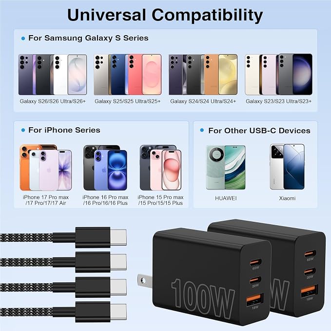 65W Super Fast Charger Type C for Samsung,3 Port 100W PD Quick Charging 3.0 USB C Charger Block & 3/6/10/10FT Braided Type C Cord for Samsung Galaxy S26 Ultra/S26/S25 Ultra/S24/Android/iPhone 17