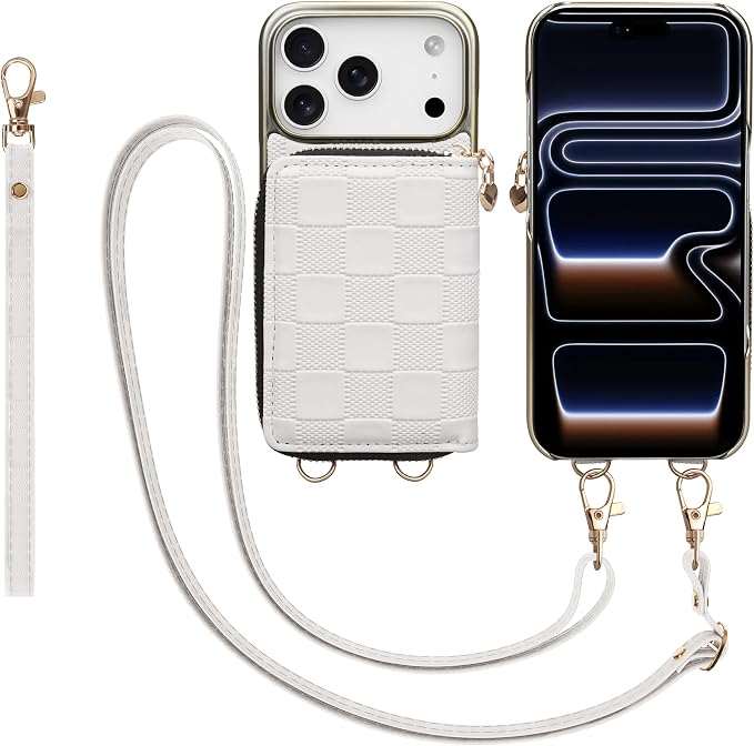 Keallce for iPhone 17 Pro 6.3'' Wallet Case, Crossbody Zipper Purse with 4 Card Slots RFID Blocking, Lanyards & Wrist Straps, Flip Leather Folio Cover with Kickstand for iPhone 17 Pro, White