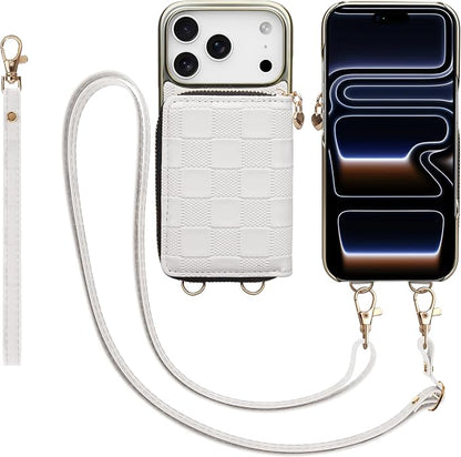 Keallce for iPhone 17 Pro 6.3'' Wallet Case, Crossbody Zipper Purse with 4 Card Slots RFID Blocking, Lanyards & Wrist Straps, Flip Leather Folio Cover with Kickstand for iPhone 17 Pro, White