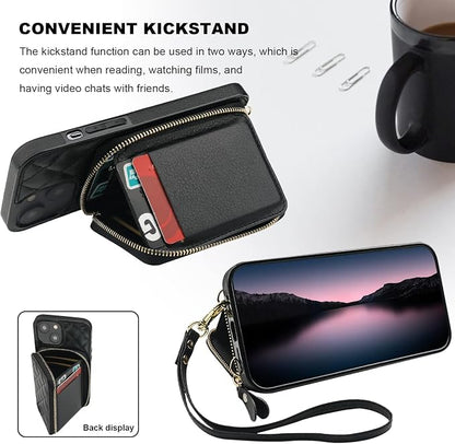 Bocasal Crossbody Wallet Case for iPhone 14 Plus, RFID Blocking PU Leather Zipper Handbag Purse Flip Cover, Kickstand Folio Case with Card Slots Holder Wrist Strap Lanyard 5G 6.7 Inch (Black)