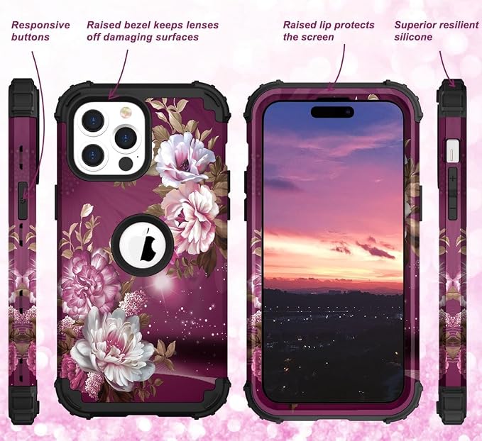 Hocase for iPhone 15 Pro Case, Heavy Duty Shockproof Protection Soft Silicone Rubber Bumper+Hard Plastic Hybrid Protective Case for iPhone 15 Pro 6.1" 2023 - Royal Purple Flowers