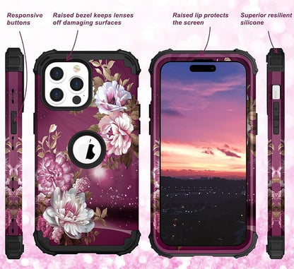 Hocase for iPhone 15 Pro Case, Heavy Duty Shockproof Protection Soft Silicone Rubber Bumper+Hard Plastic Hybrid Protective Case for iPhone 15 Pro 6.1" 2023 - Royal Purple Flowers