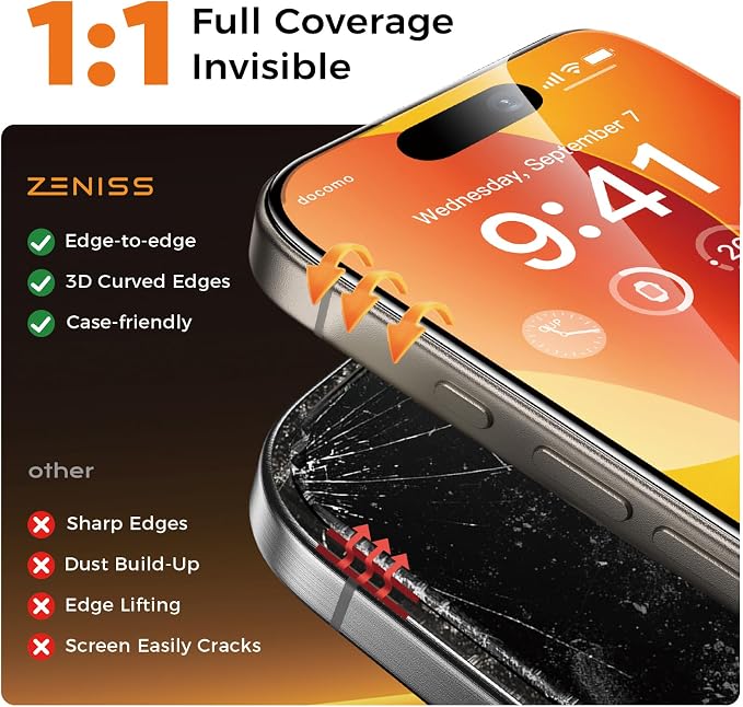 NeverBreak 9H+ Hardness for iPhone 15 Pro Screen Protector 12FT Military Grade Protection (Scratch, Shatter, Drop Resistance) 15 Pro Tempered Glass Full Edge Coverage 6.1" 2 Pack with De-Bubble Card
