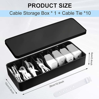 Tatuo 1 Pcs Cord Organizer for Drawer Desktop, Cable Organizer Box with 8 Compartments and Wire Ties, Plastic Charger Storage with Lid, Electronics Case for Home Office Accessories (Small,Black)