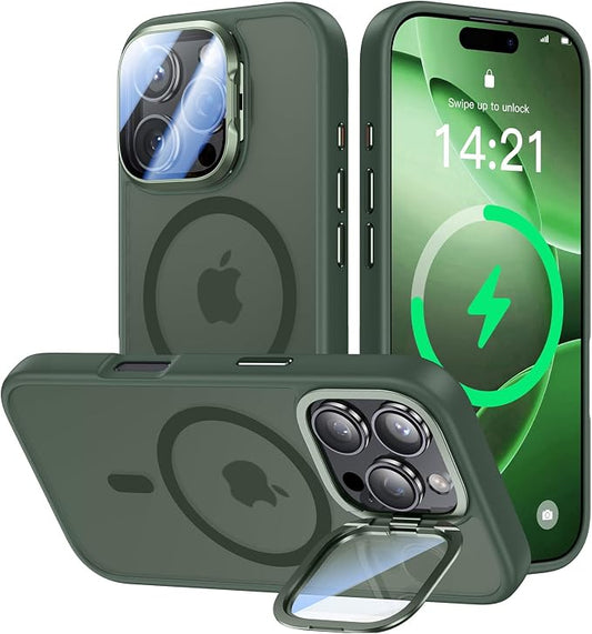 [Upgraded] for iPhone 16 Pro Case with Camera Cover Stand [Fit for MagSafe][9H Camera Lens Protector] Mil-Grade Protection Translucent Matte Magnetic iPhone 16 Pro Phone Case, Green