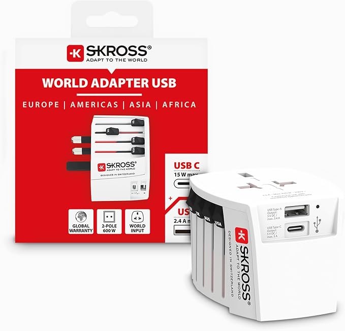 SKROSS Universal Travel Plug with USB and USB C, 1.302962, White