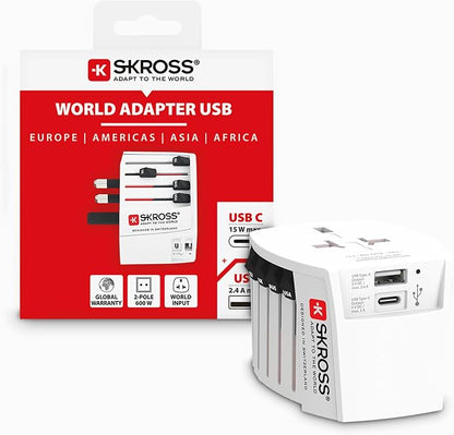 SKROSS Universal Travel Plug with USB and USB C, 1.302962, White