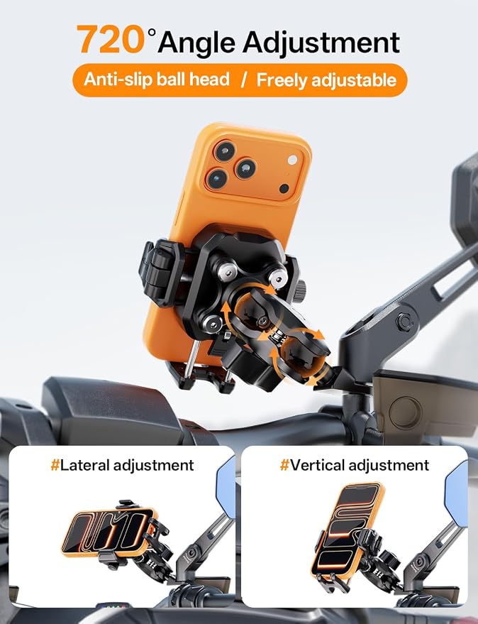 Kewig Motorcycle Phone Mount with Vibration Dampener [Anti-Theft] [Camera Friendly] Aluminum Alloy Rear-View Cellphone Holder for Motorcycle, Adjustable Size Fit 5.4-7.2" Smartphone