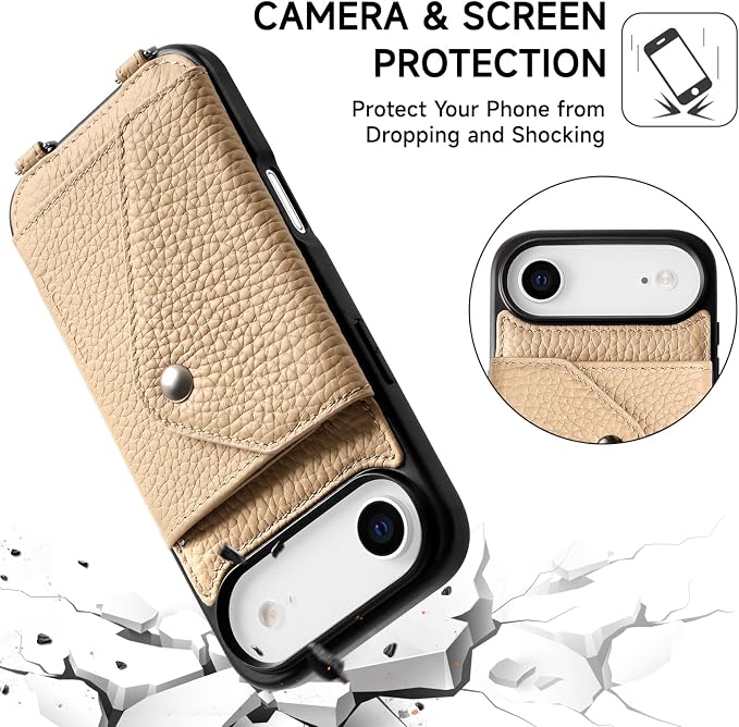 LUCKYCOIN for iPhone Air Crossbody Wallet Case – Genuine Leather Phone Purse with Adjustable Strap and Card Holder,Lanyard Phone Purse Case for Women,Pebble Grain Beige