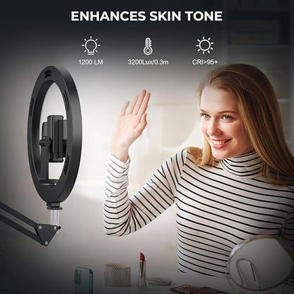 12" Ring Light with Stand Tripod for iPhone, Overhead Phone Camera Mount, Adjustable 72" Height Tripod Holder Floor, Phone Stand for Video Recording Filming Streaming Cooking TikTok YouTube, CRI >95
